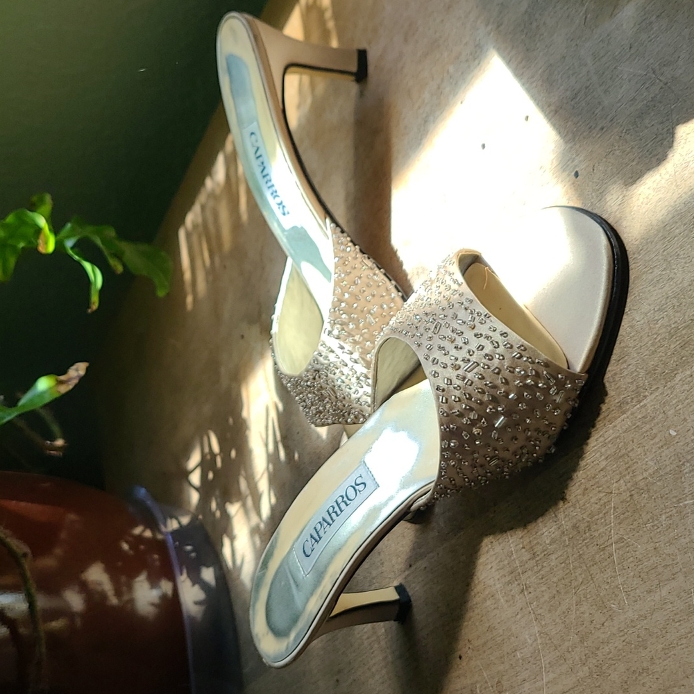 Tan, beaded mules 8.5